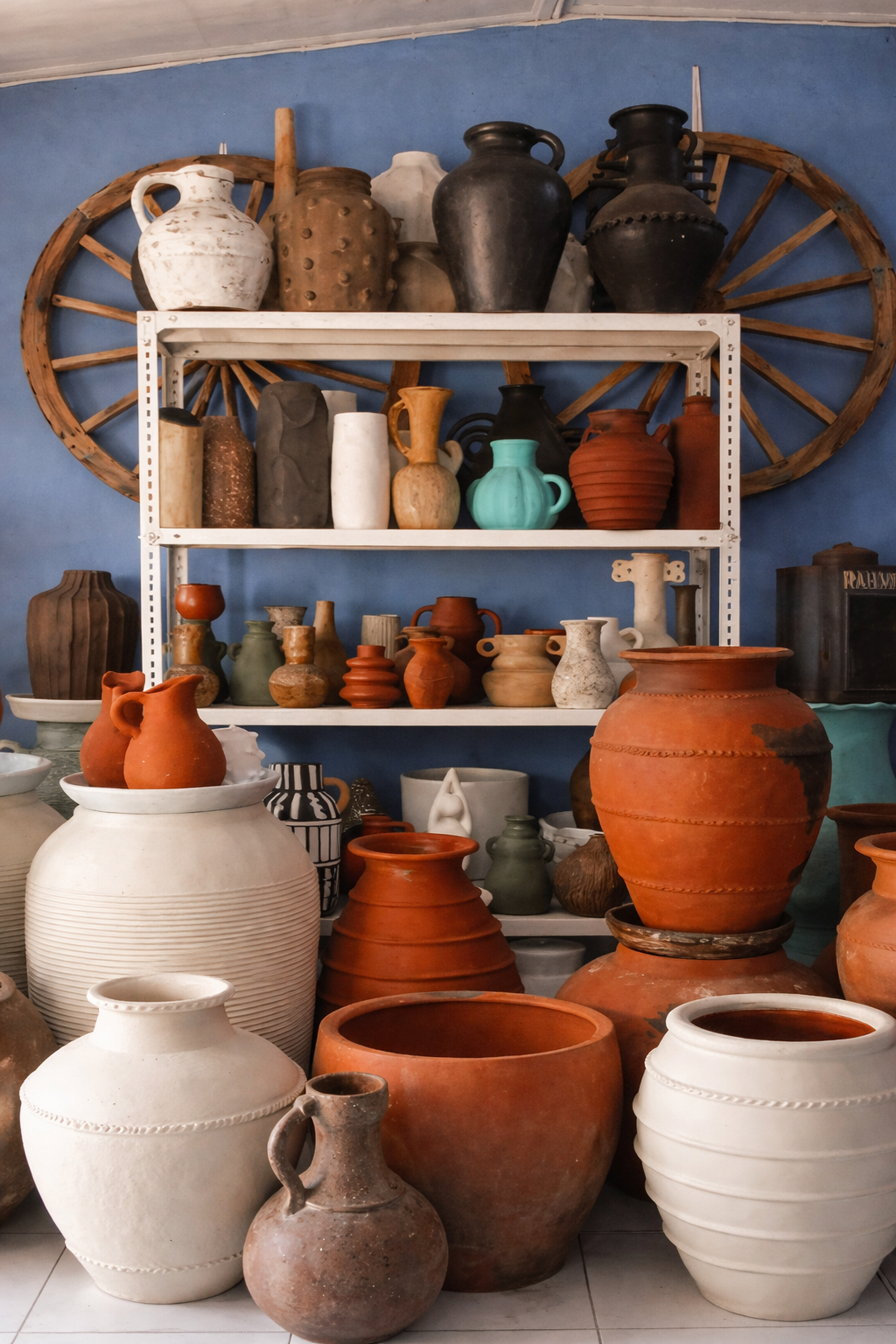 Inside the Even Blue Bali shop with shelves of handmade vessels